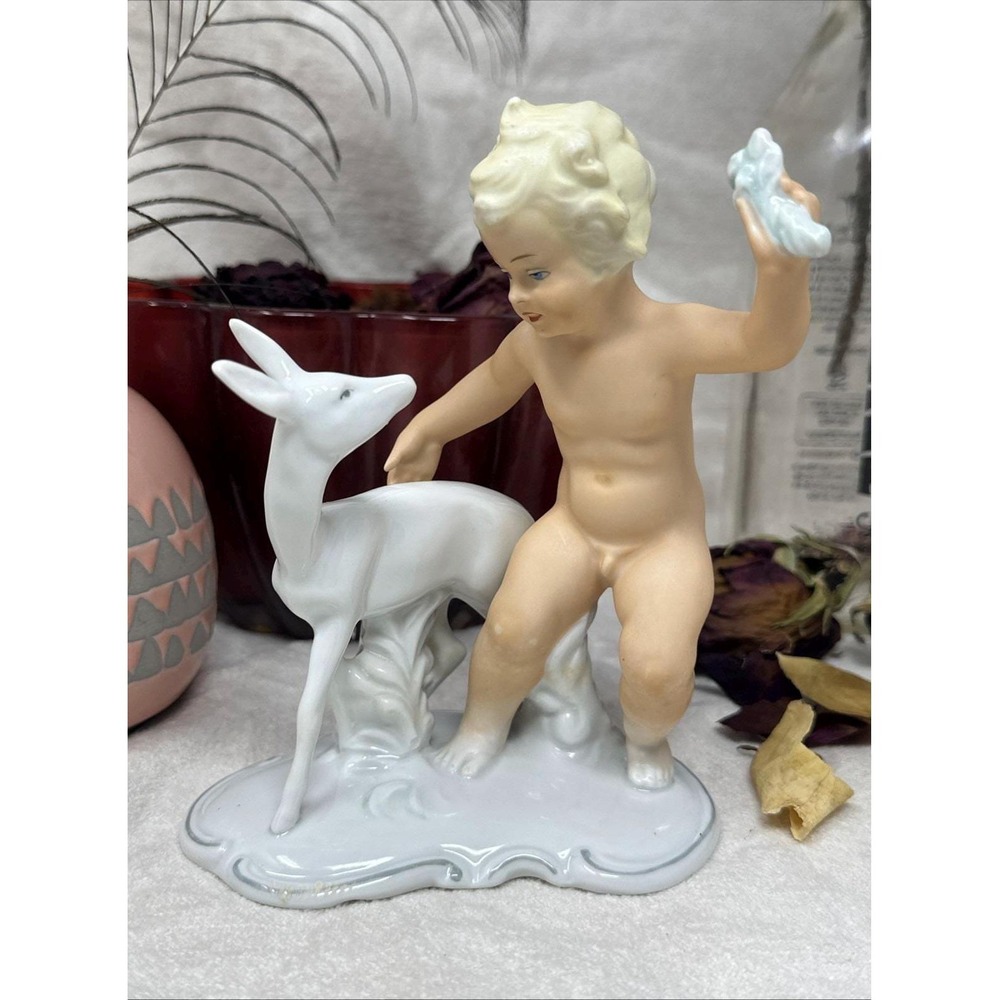 Vintage Schaubach Kunst German Porcelain Figurine Boy Fawn Cherub Putti 1347